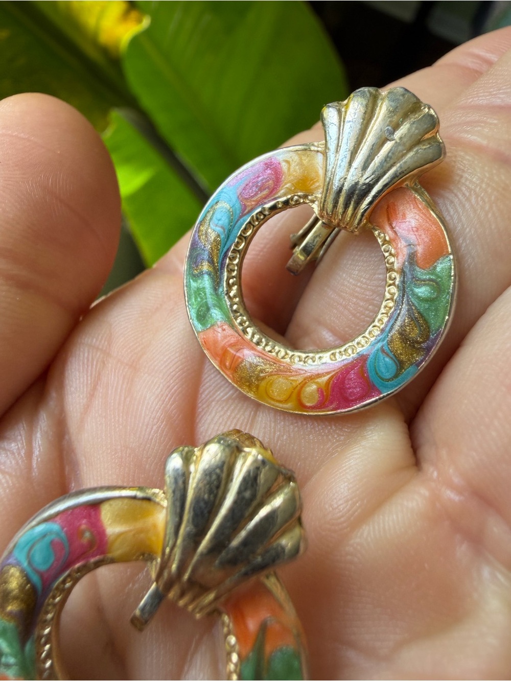 Vintage Multicolor Door Knocker Enamel Hoop Earrings with Gold Shell Accent